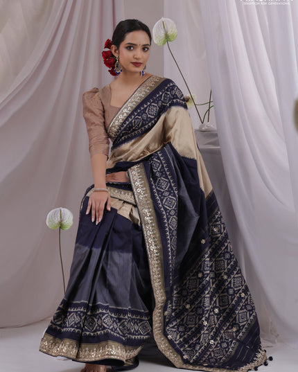 Grey-navy blue pochampally silk saree with allover ikat weaves and Embroidered border