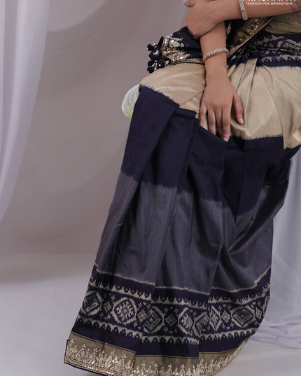 Grey-navy blue pochampally silk saree with allover ikat weaves and Embroidered border