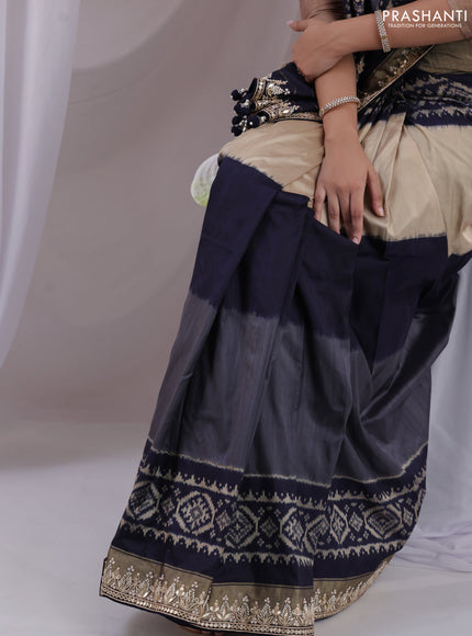 Grey-navy blue pochampally silk saree with allover ikat weaves and Embroidered border