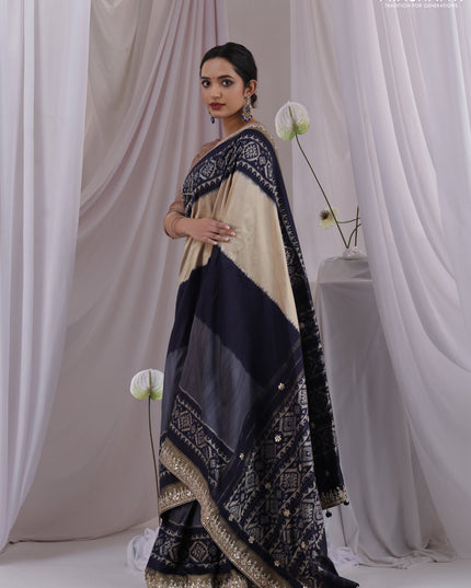 Grey-navy blue pochampally silk saree with allover ikat weaves and Embroidered border