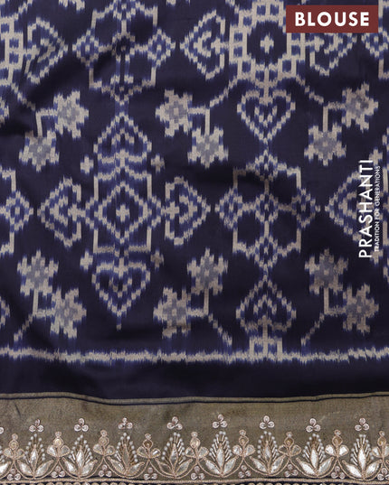 Grey-navy blue pochampally silk saree with allover ikat weaves and Embroidered border