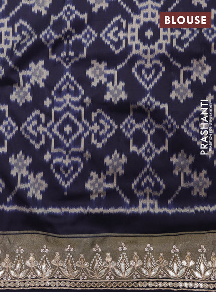 Grey-navy blue pochampally silk saree with allover ikat weaves and Embroidered border