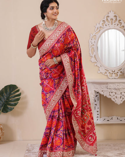 Pink Pochampally silk saree with allover ikat weaves and Embroidered border