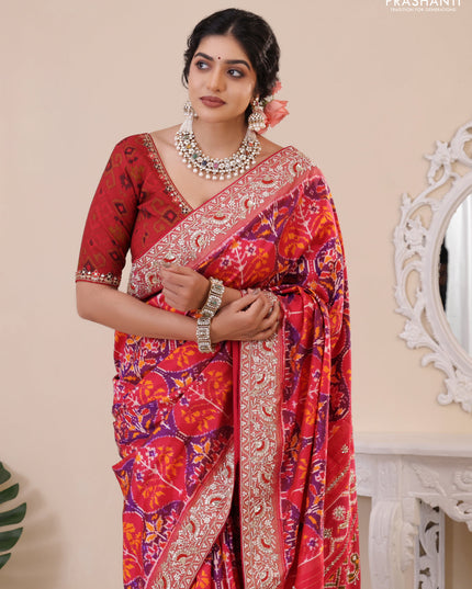 Pink Pochampally silk saree with allover ikat weaves and Embroidered border