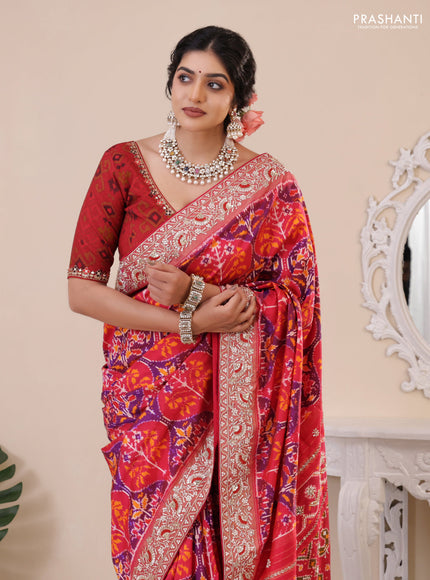 Pink Pochampally silk saree with allover ikat weaves and Embroidered border