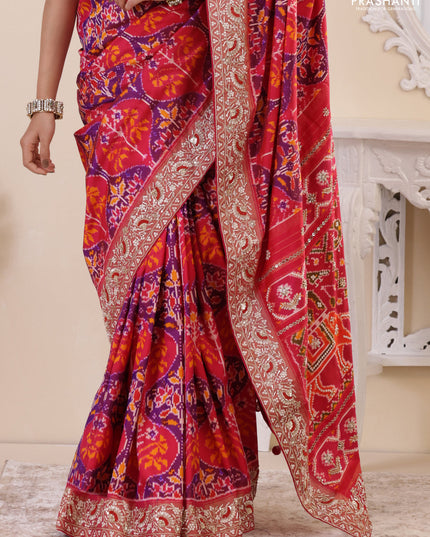 Pink Pochampally silk saree with allover ikat weaves and Embroidered border