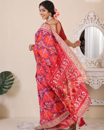 Pink Pochampally silk saree with allover ikat weaves and Embroidered border