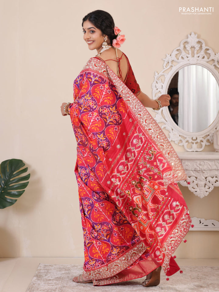 Pink Pochampally silk saree with allover ikat weaves and Embroidered border