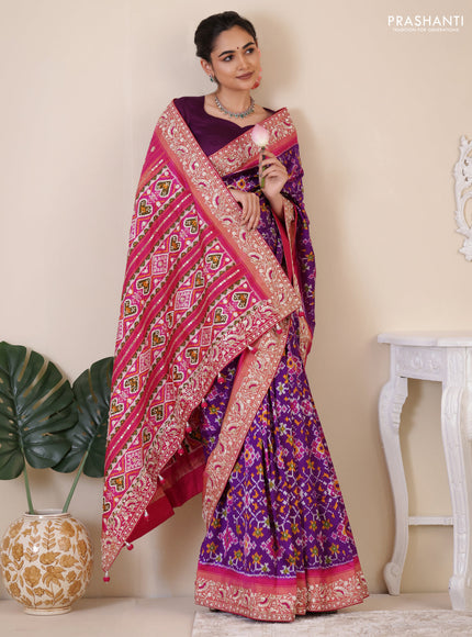 Violet-Pink Pochampally silk saree with allover ikat weaves and Embroidered border