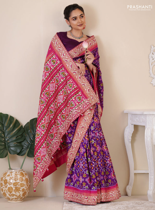 Violet-Pink Pochampally silk saree with allover ikat weaves and Embroidered border