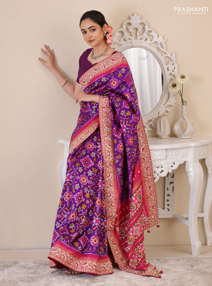 Violet-Pink Pochampally silk saree with allover ikat weaves and Embroidered border