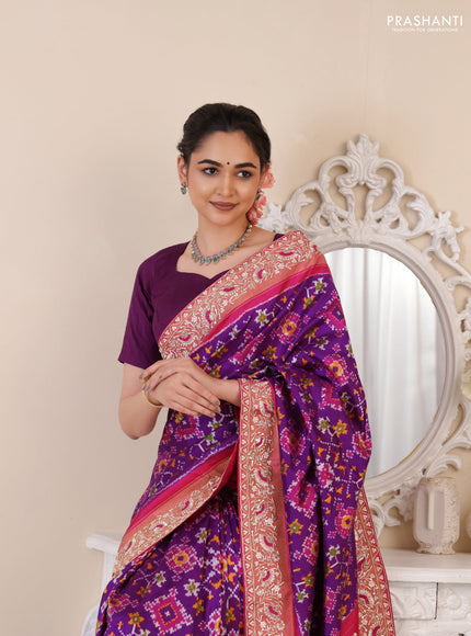 Violet-Pink Pochampally silk saree with allover ikat weaves and Embroidered border