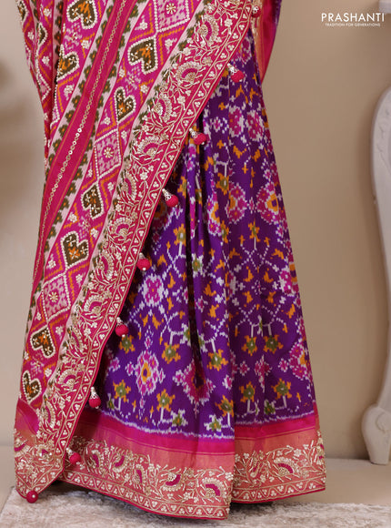 Violet-Pink Pochampally silk saree with allover ikat weaves and Embroidered border