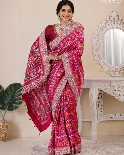 Pink Pochampally silk saree with allover ikat weaves and Embroidered border