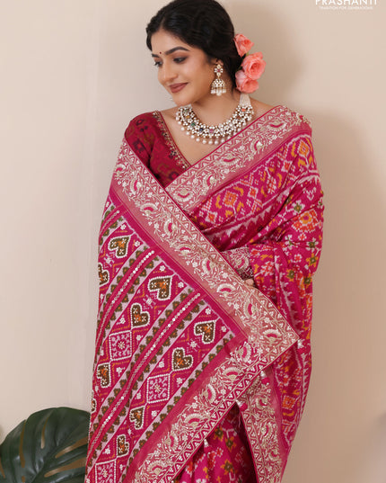 Pink Pochampally silk saree with allover ikat weaves and Embroidered border