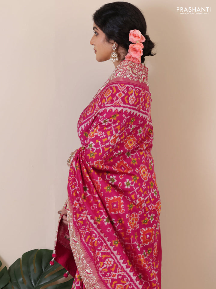 Pink Pochampally silk saree with allover ikat weaves and Embroidered border