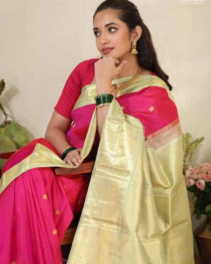 Pink-Light green Pure kanchipuram silk saree with zari woven buttas & zari woven border