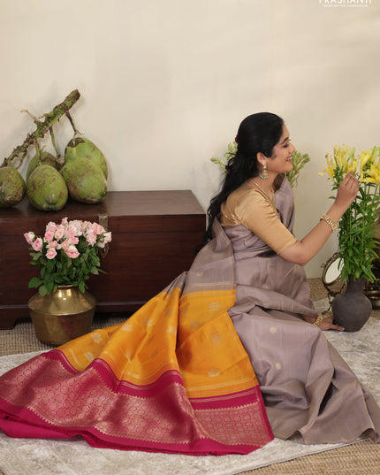 Grey-pink pure kanchipuram silk saree with zari woven buttas & simple zari border