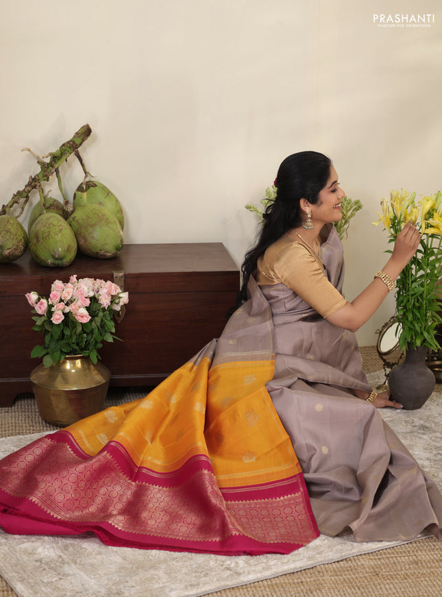 Grey-pink pure kanchipuram silk saree with zari woven buttas & simple zari border