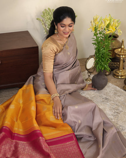 Grey-pink pure kanchipuram silk saree with zari woven buttas & simple zari border
