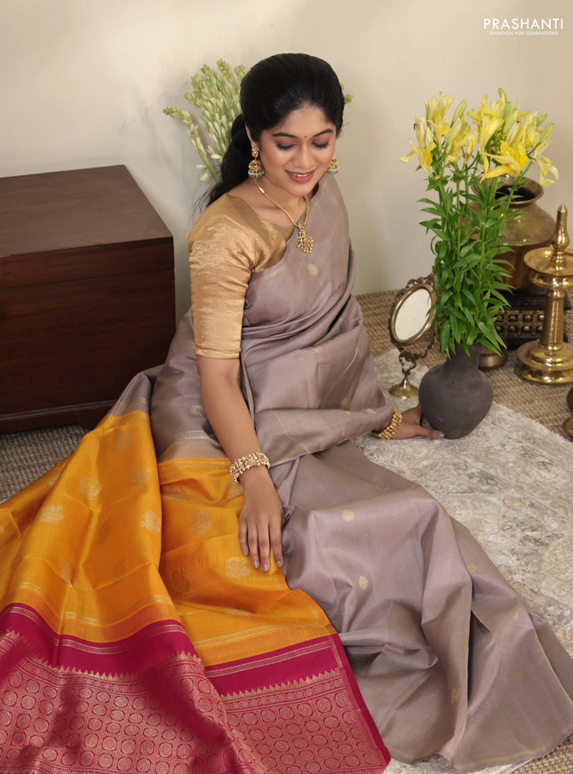 Grey-pink pure kanchipuram silk saree with zari woven buttas & simple zari border