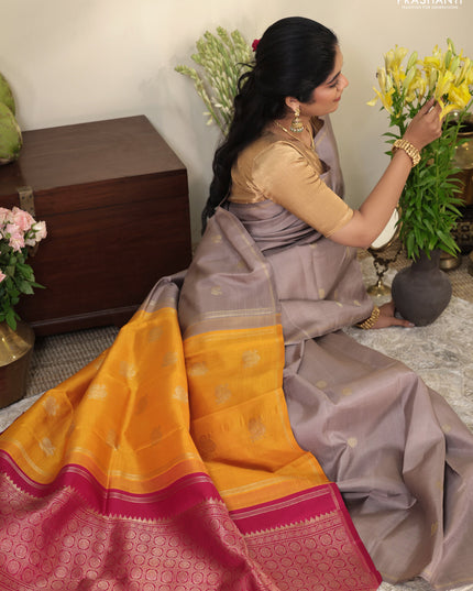 Grey-pink pure kanchipuram silk saree with zari woven buttas & simple zari border