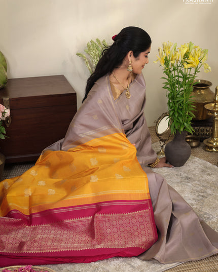 Grey-pink pure kanchipuram silk saree with zari woven buttas & simple zari border