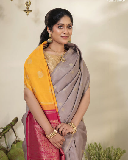 Grey-pink pure kanchipuram silk saree with zari woven buttas & simple zari border