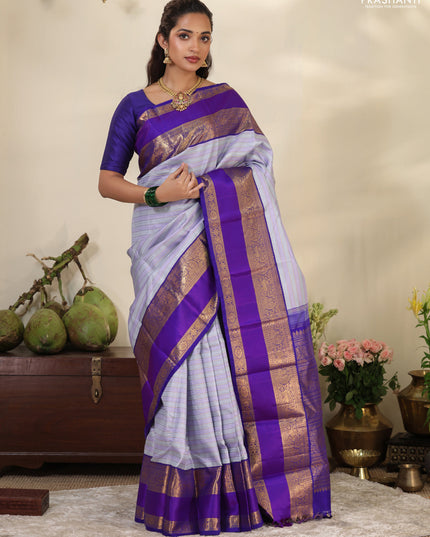 Pastel grey-Violet Pure Kanchipuram silk saree with allover stripes pattern & long zari woven border