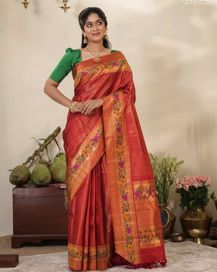 Red Pure kanchipuram silk saree with allover zari stripes pattern & floral design zari border