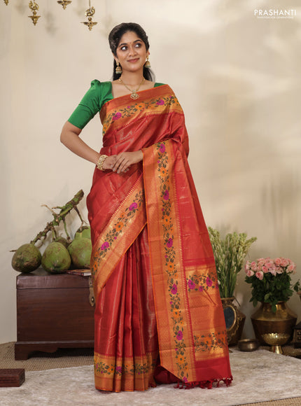 Red Pure kanchipuram silk saree with allover zari stripes pattern & floral design zari border