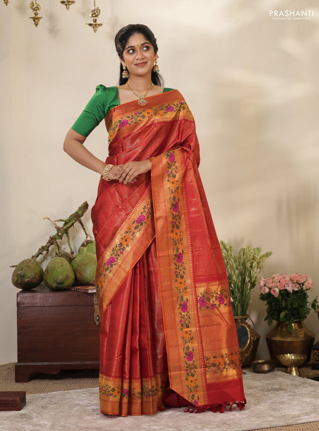 Red Pure kanchipuram silk saree with allover zari stripes pattern & floral design zari border