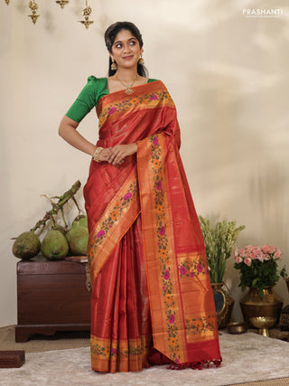 Red Pure kanchipuram silk saree with allover zari stripes pattern & floral design zari border