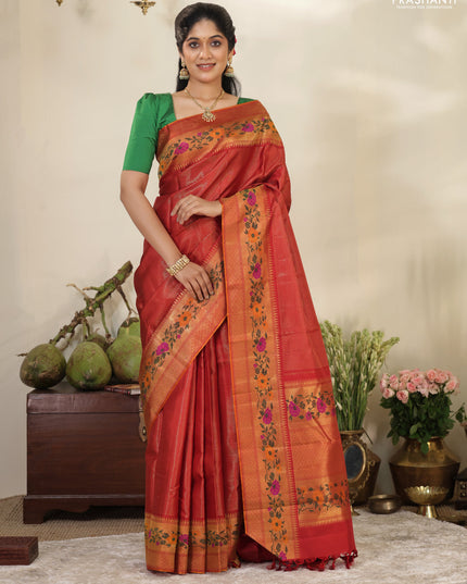 Red Pure kanchipuram silk saree with allover zari stripes pattern & floral design zari border