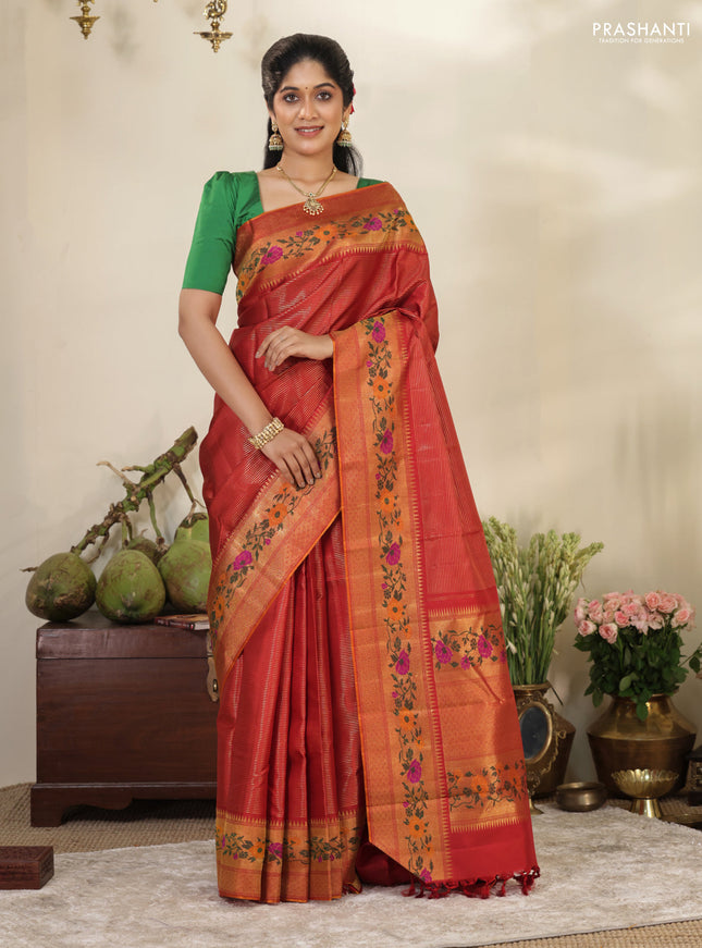 Red Pure kanchipuram silk saree with allover zari stripes pattern & floral design zari border