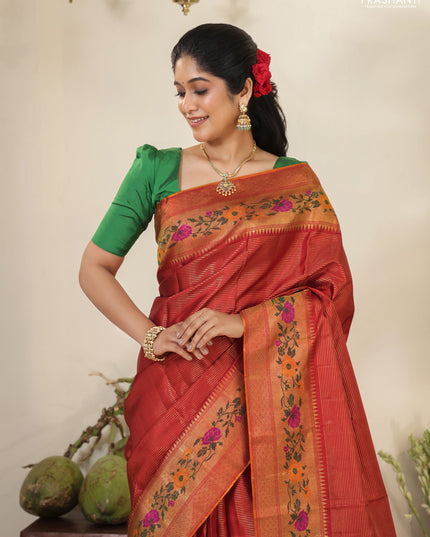 Red Pure kanchipuram silk saree with allover zari stripes pattern & floral design zari border