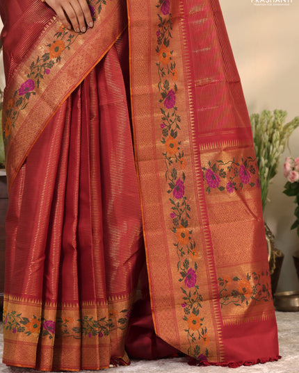 Red Pure kanchipuram silk saree with allover zari stripes pattern & floral design zari border