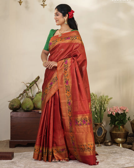 Red Pure kanchipuram silk saree with allover zari stripes pattern & floral design zari border