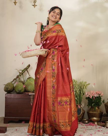 Red Pure kanchipuram silk saree with allover zari stripes pattern & floral design zari border