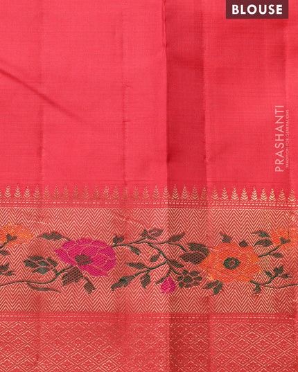 Red Pure kanchipuram silk saree with allover zari stripes pattern & floral design zari border