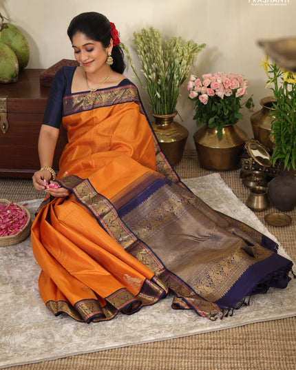 Orange-Navy Blue Pure kanchipuram silk saree with Allover zari checks & zari woven korvai border