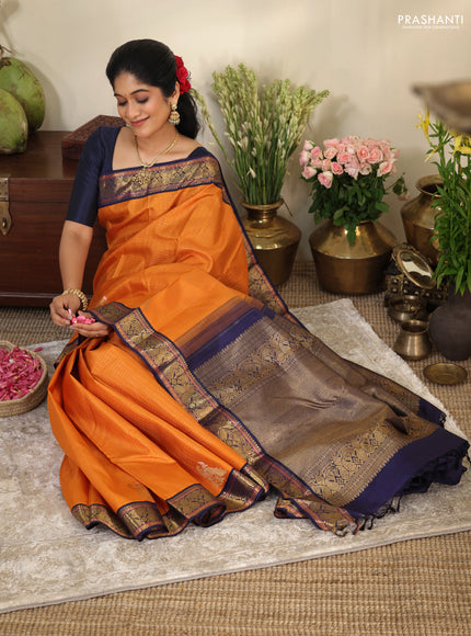 Orange-Navy Blue Pure kanchipuram silk saree with Allover zari checks & zari woven korvai border