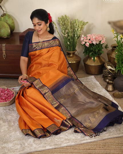 Orange-Navy Blue Pure kanchipuram silk saree with Allover zari checks & zari woven korvai border