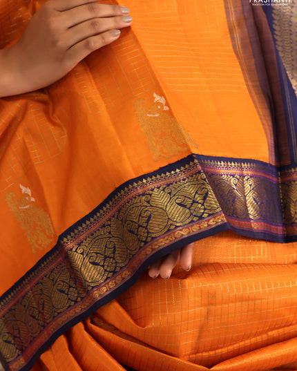 Orange-Navy Blue Pure kanchipuram silk saree with Allover zari checks & zari woven korvai border