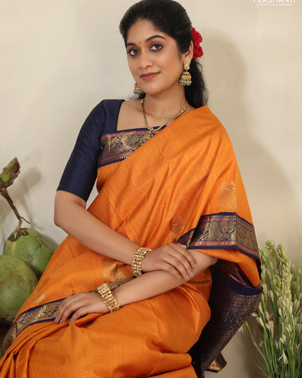 Orange-Navy Blue Pure kanchipuram silk saree with Allover zari checks & zari woven korvai border