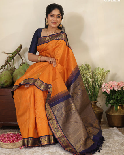 Orange-Navy Blue Pure kanchipuram silk saree with Allover zari checks & zari woven korvai border