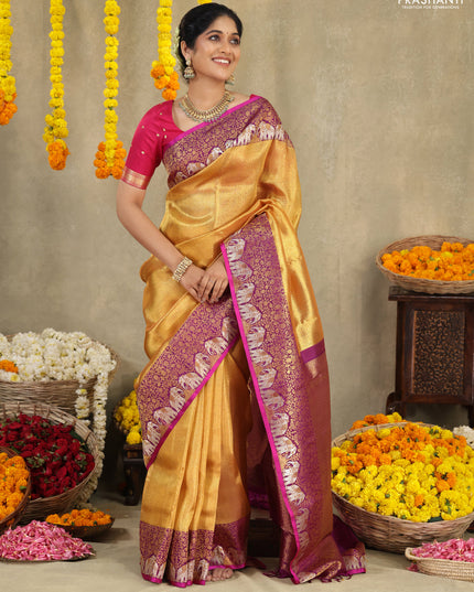 Gold-Purple Pure Tissue kanchipuram silk saree with allover zari woven brocade weaves & elephant design zari border
