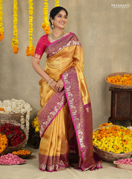 Gold-Purple Pure Tissue kanchipuram silk saree with allover zari woven brocade weaves & elephant design zari border