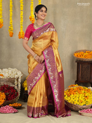 Gold-Purple Pure Tissue kanchipuram silk saree with allover zari woven brocade weaves & elephant design zari border