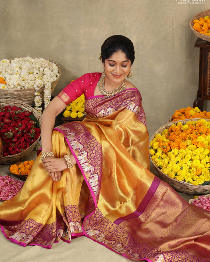 Gold-Purple Pure Tissue kanchipuram silk saree with allover zari woven brocade weaves & elephant design zari border